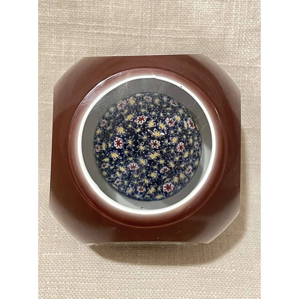 Large Murano Art Glass Double Overlay 6 Faceted Mellifiori Paperweight Burgundy - Picture 8 of 13